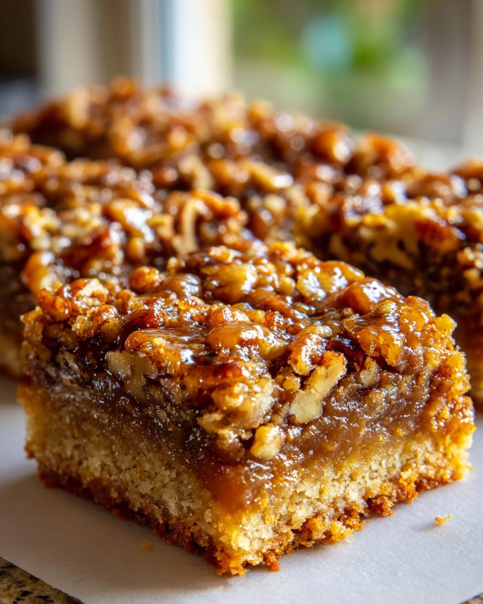 Close-up of a rich and gooey pecan pie bar, showcasing the flaky crust and generous pecan topping.