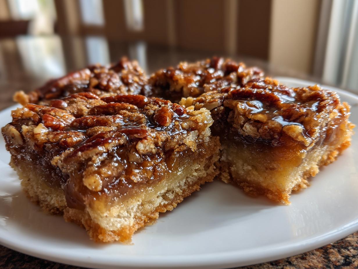 Close-up of three rich and gooey pecan pie bars on a white plate, showcasing the flaky crust and pecan topping.