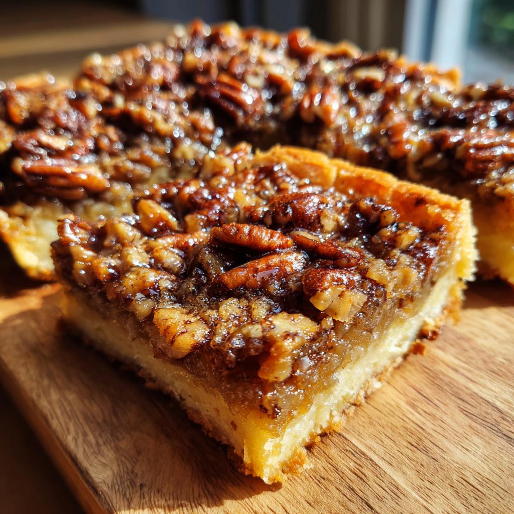 A close-up of a slice of pecan pie bars, showcasing the flaky crust and gooey pecan topping.