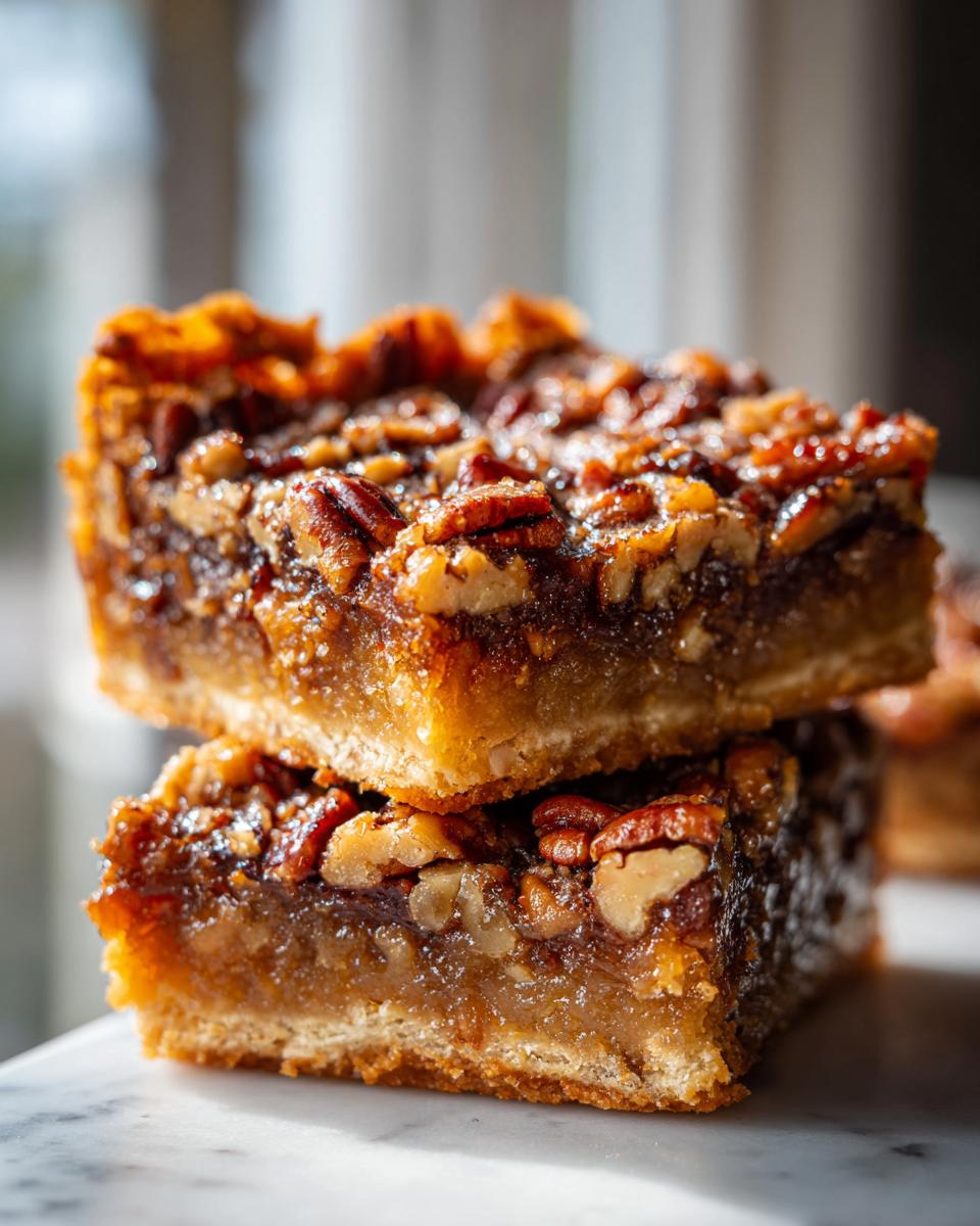 Close-up of two stacked pecan pie bars, showcasing the flaky crust and gooey pecan topping.