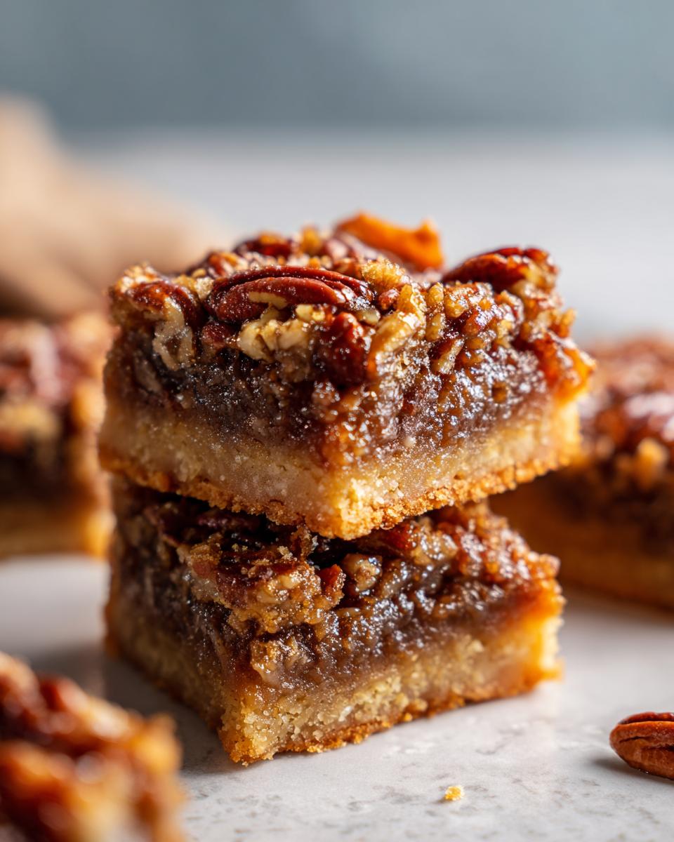 Close-up of two stacked pecan pie bars, showcasing the gooey filling and crunchy pecan topping.