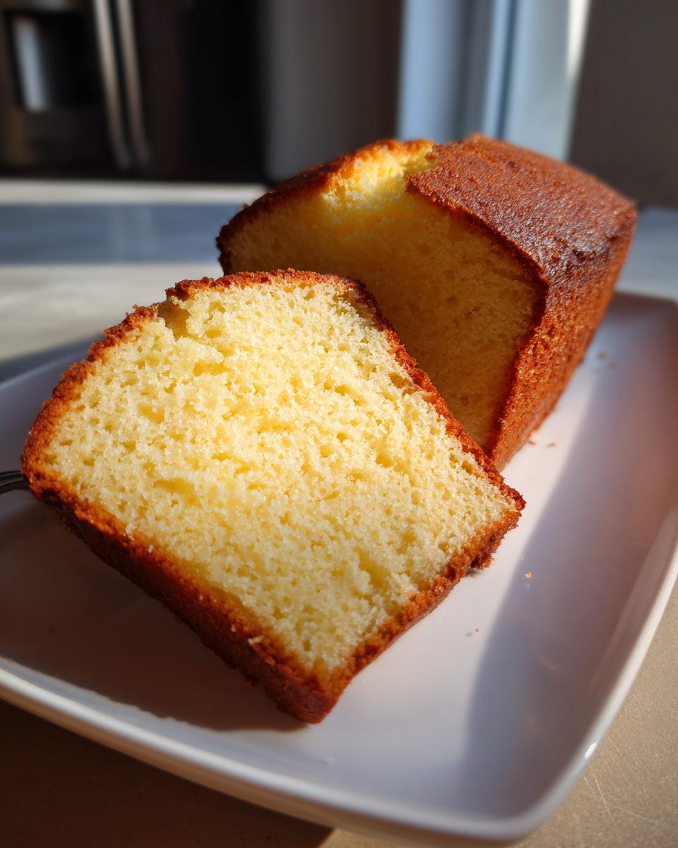 A slice of golden-brown pound cake on a white plate, showcasing its moist crumb and perfect texture. Great for cake ideas.