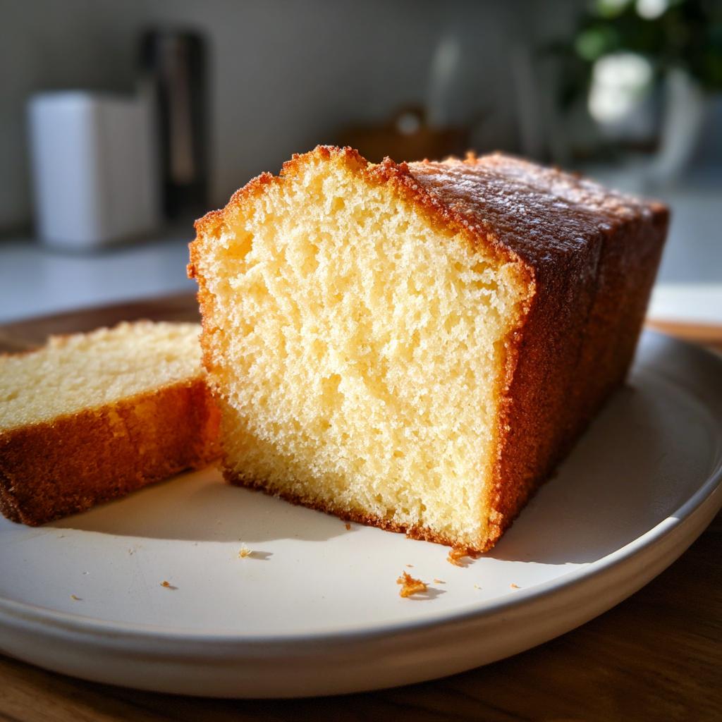 A close-up of a golden-brown pound cake slice on a white plate, showcasing its moist crumb. A perfect example of simple cake ideas.