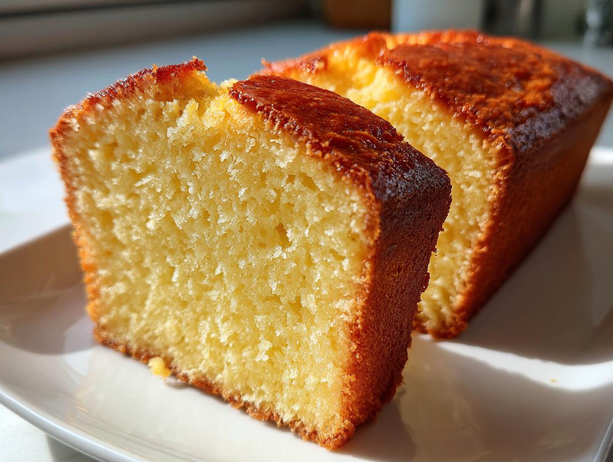 Close-up of two slices of golden pound cake on a white plate, showcasing its moist crumb and crisp crust. Perfect for cake ideas.