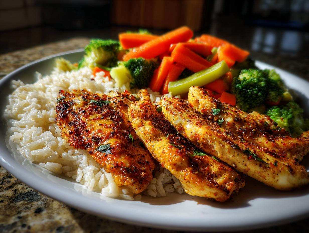 A delicious plate of seasoned fish fillets served with white rice and steamed broccoli and carrots, perfect for dinner recipes.