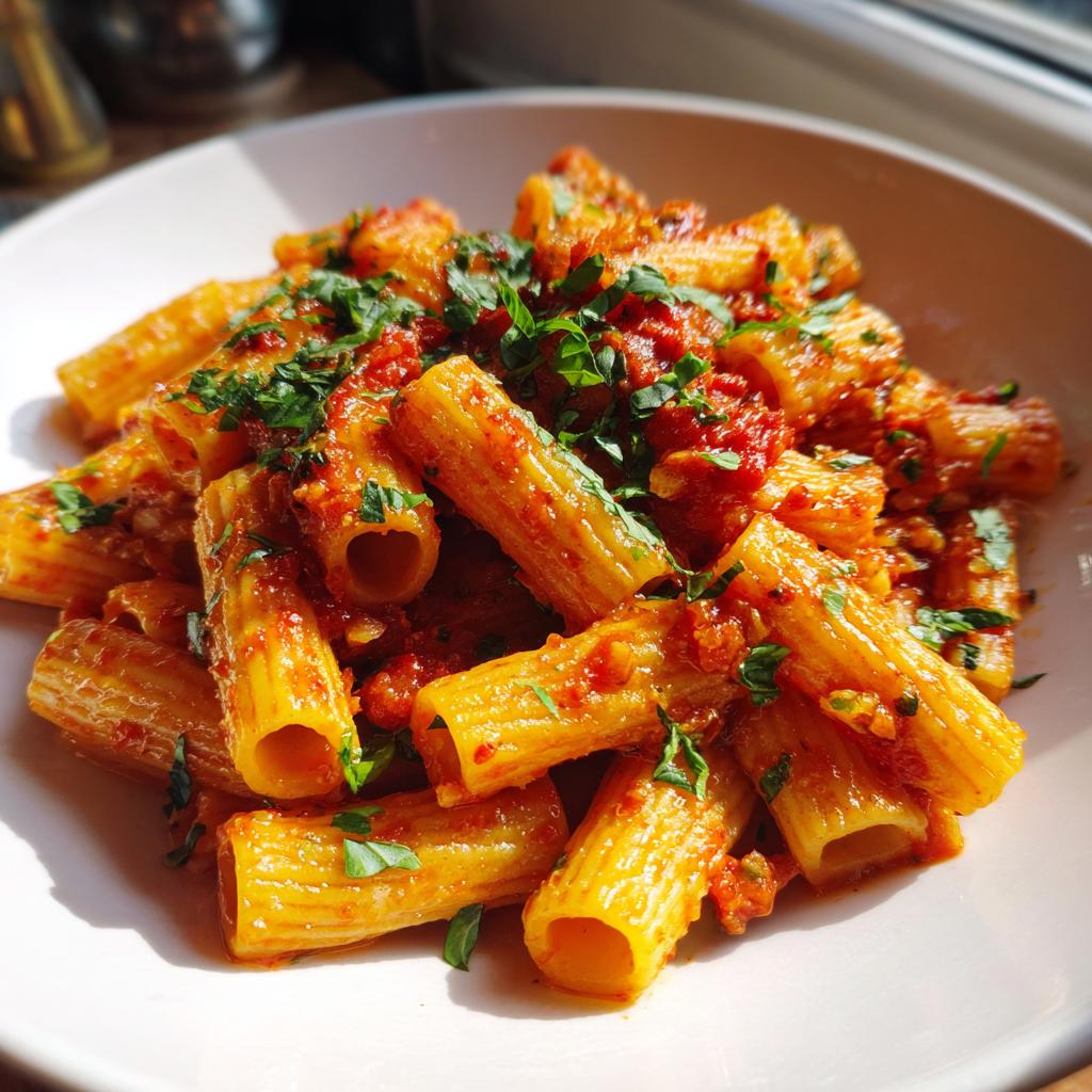 A close-up of rigatoni pasta with a rich tomato sauce and fresh parsley, perfect for a quick pasta dinner idea.