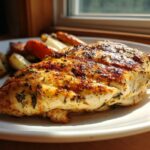 A perfectly roasted chicken breast with herbs and spices, served with roasted vegetables, ideal for chicken dinner ideas.