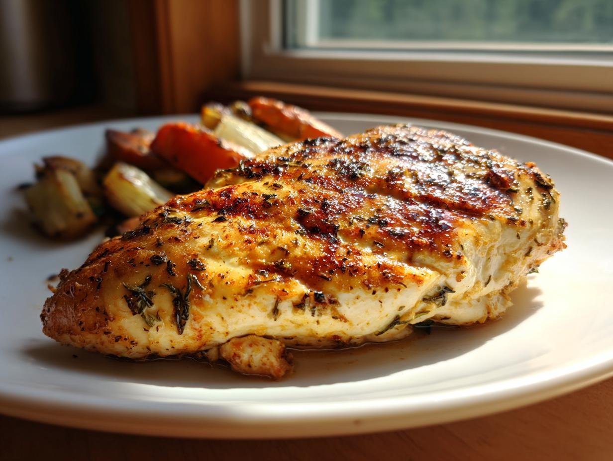 A perfectly roasted chicken breast with herbs and spices, served with roasted vegetables, ideal for chicken dinner ideas.