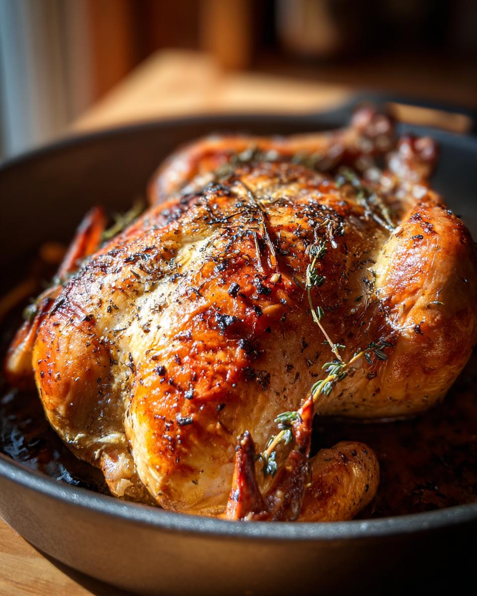 A perfectly roasted whole chicken with crispy golden-brown skin, seasoned with herbs, presented in a cast-iron skillet.
