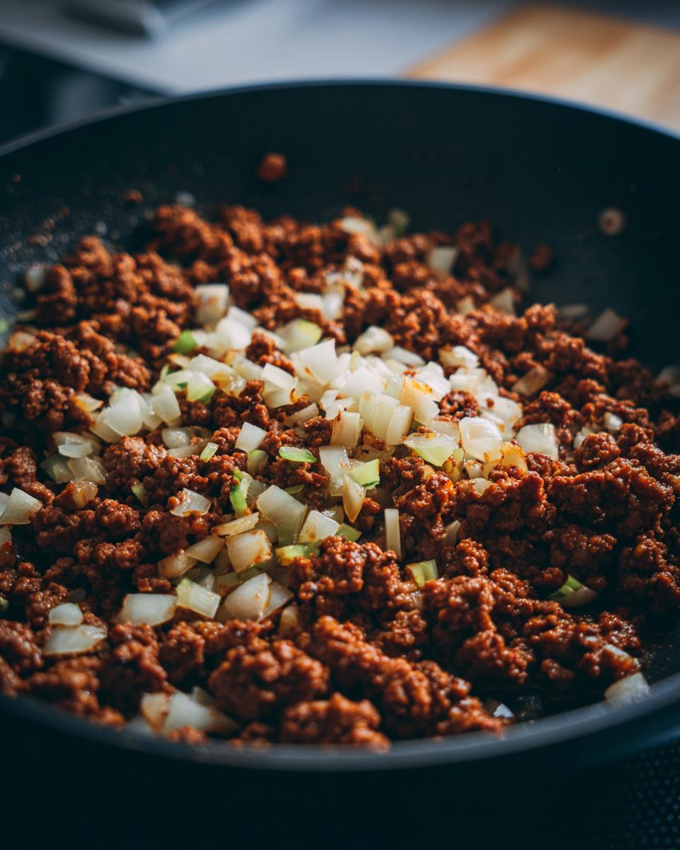 Ground turkey cooking with diced onions in a black skillet