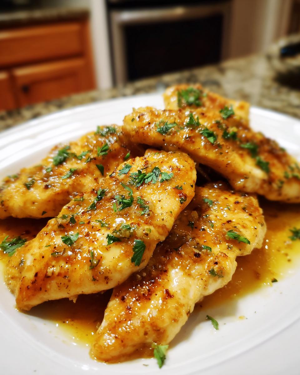 Plate of seasoned chicken breast fillets garnished with chopped herbs and drizzled with butter sauce