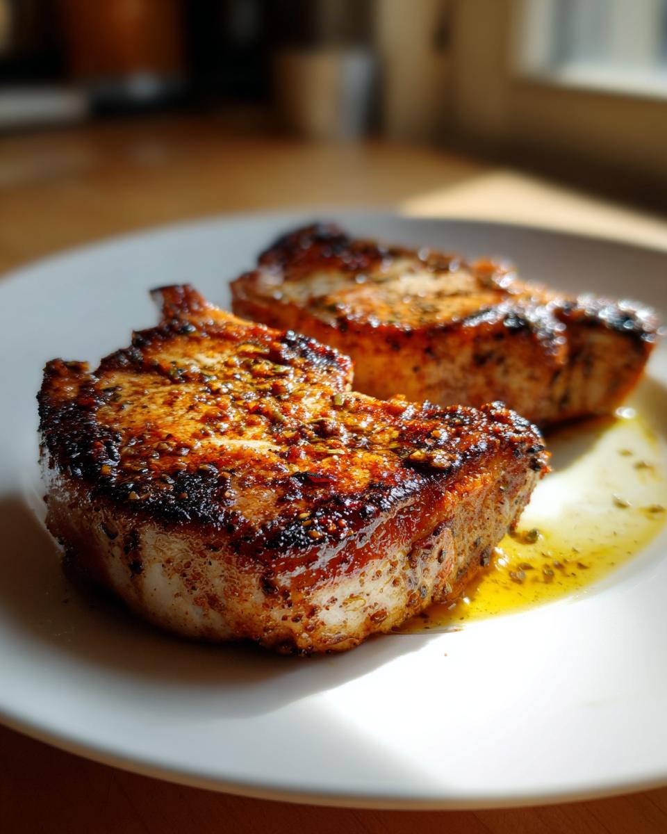 Two juicy seared chicken breasts seasoned and served on a white plate with cooking juices.