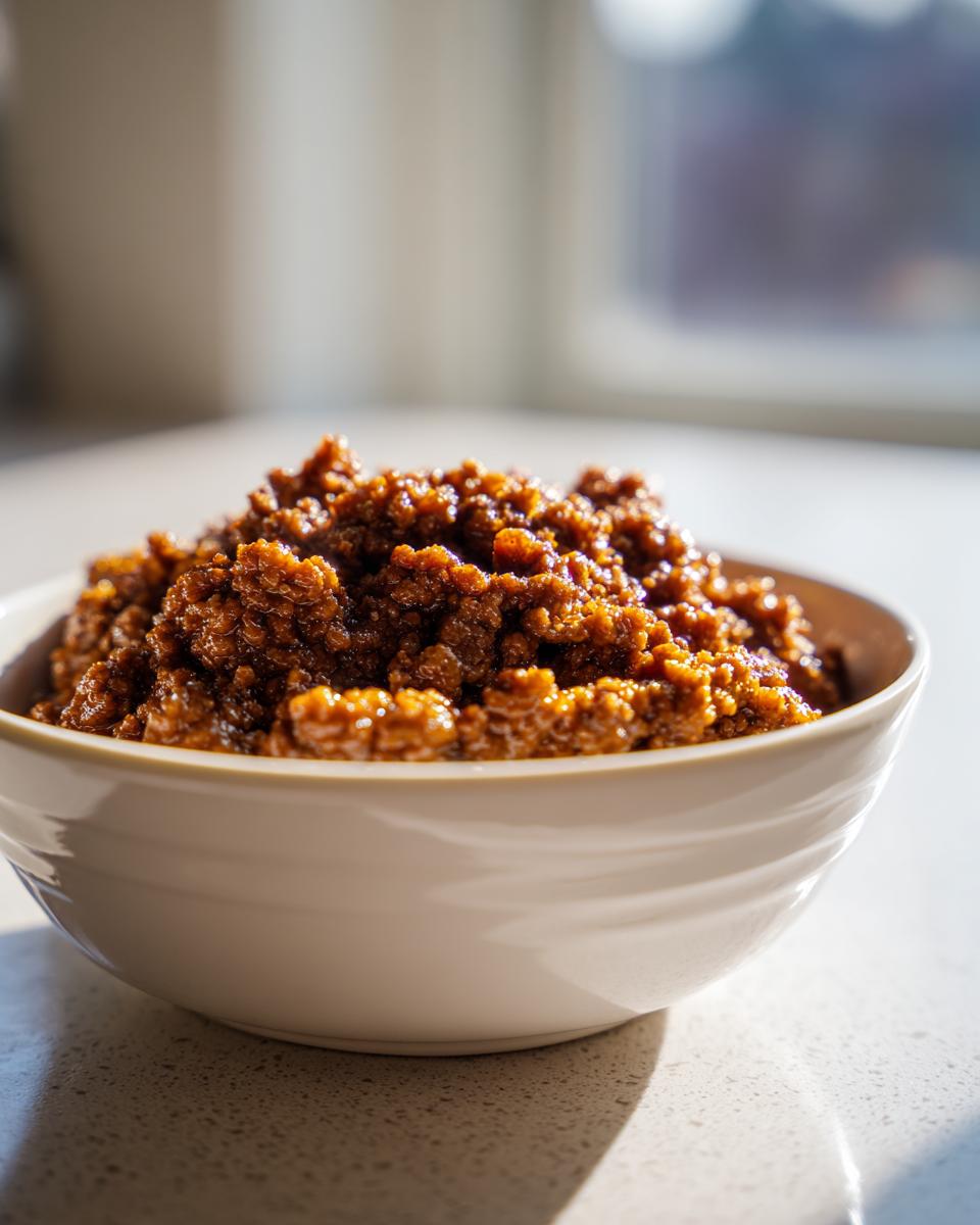 White bowl filled with cooked seasoned ground beef, ready for use in ground beef recipes.
