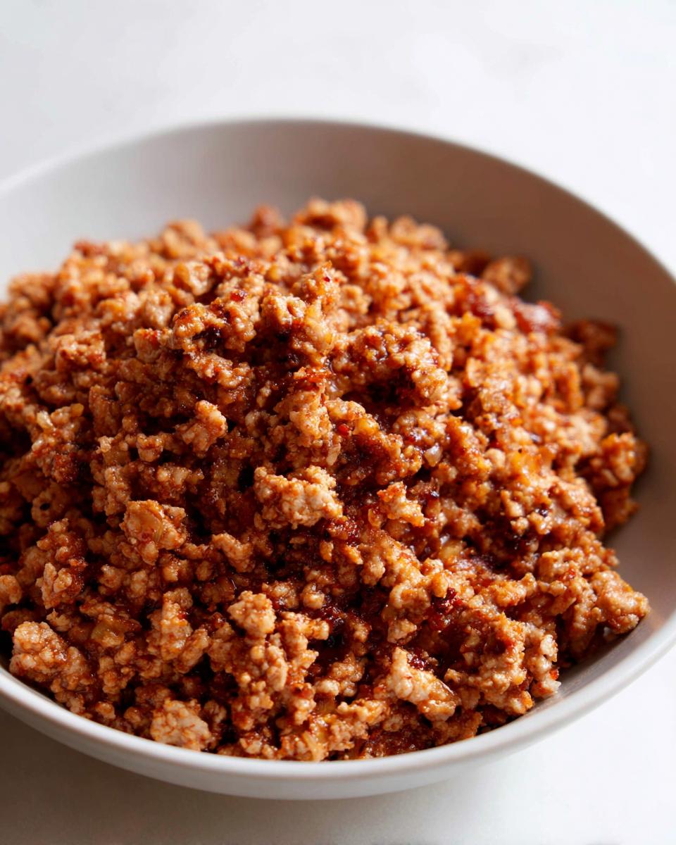 Close-up of seasoned ground turkey in a white bowl, ready for quick and tasty dinners.