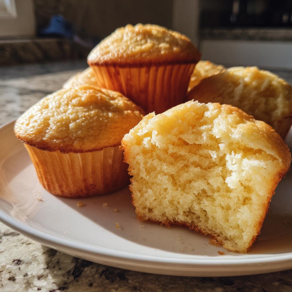 Plate of moist vanilla cupcakes with one cupcake cut in half showing fluffy texture.