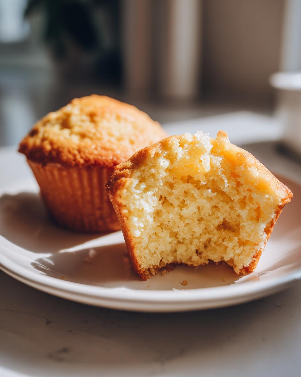 Two simple vanilla cupcakes on a white plate, one with a bite taken out, showing soft texture.