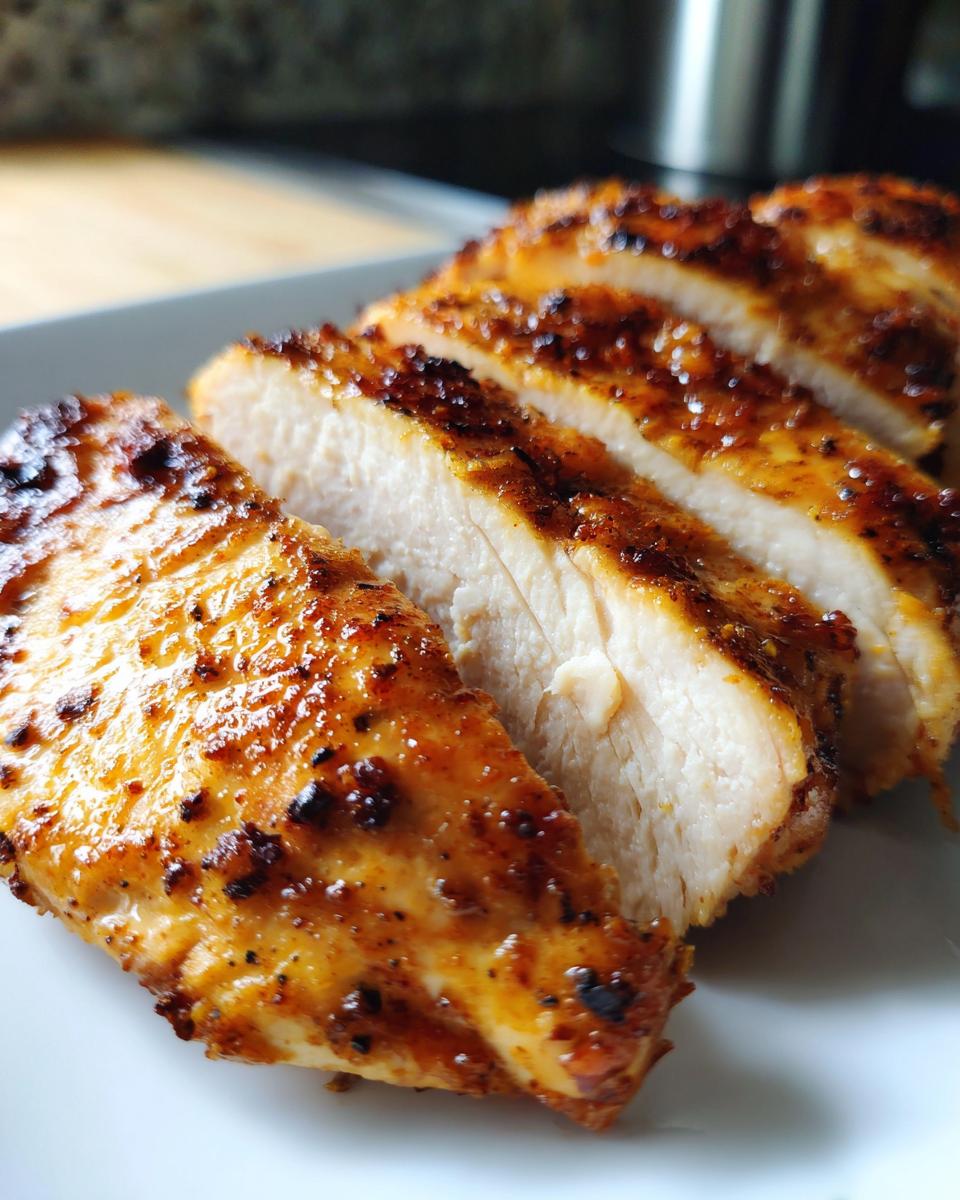 Close-up of sliced seasoned grilled chicken breast on a white plate, cooked to perfection.