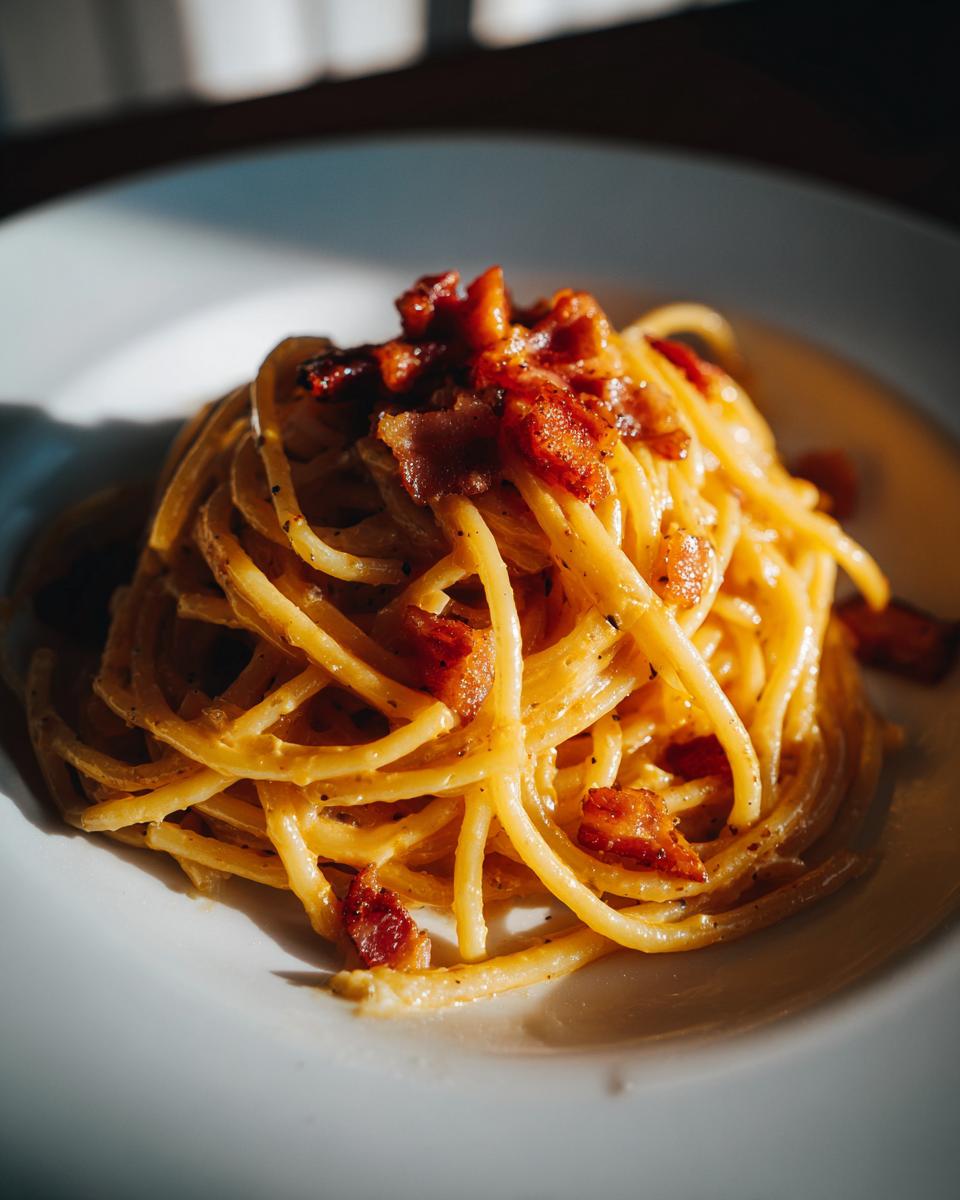 Plate of creamy spaghetti carbonara topped with crispy bacon pieces, a classic dinner recipes dish