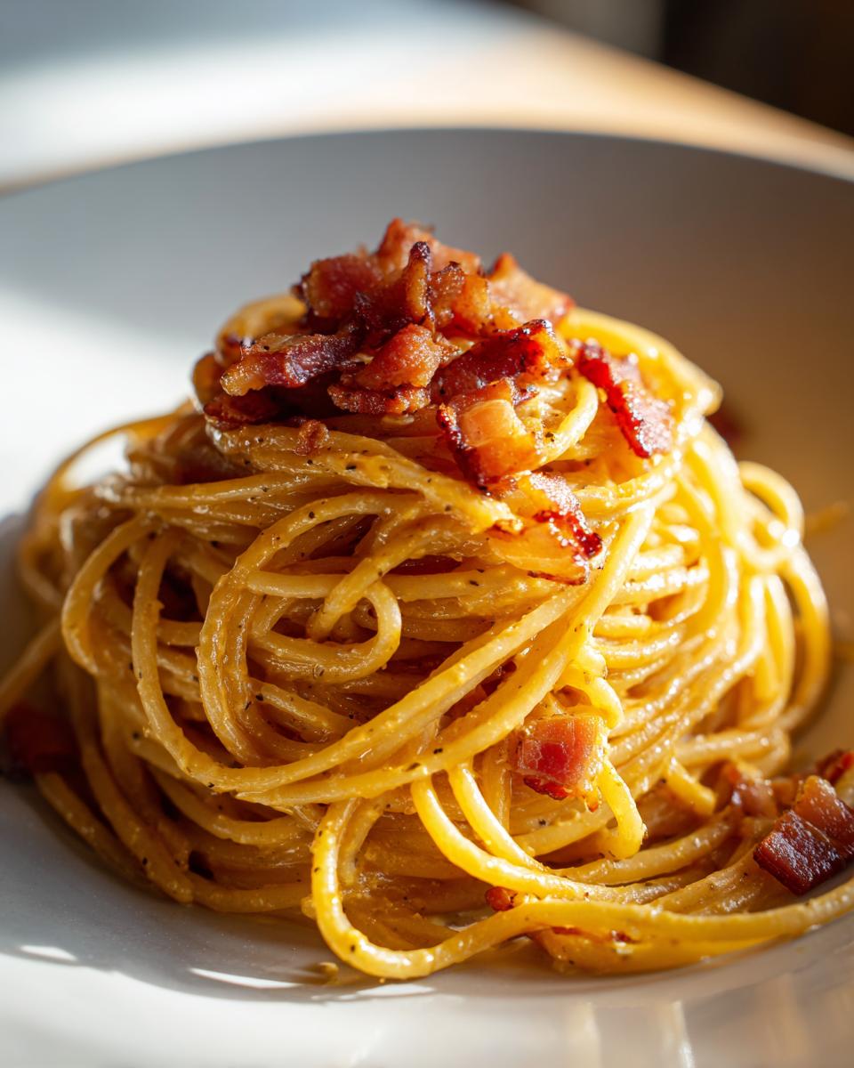 Close-up of spaghetti carbonara topped with crispy bacon pieces on a white plate