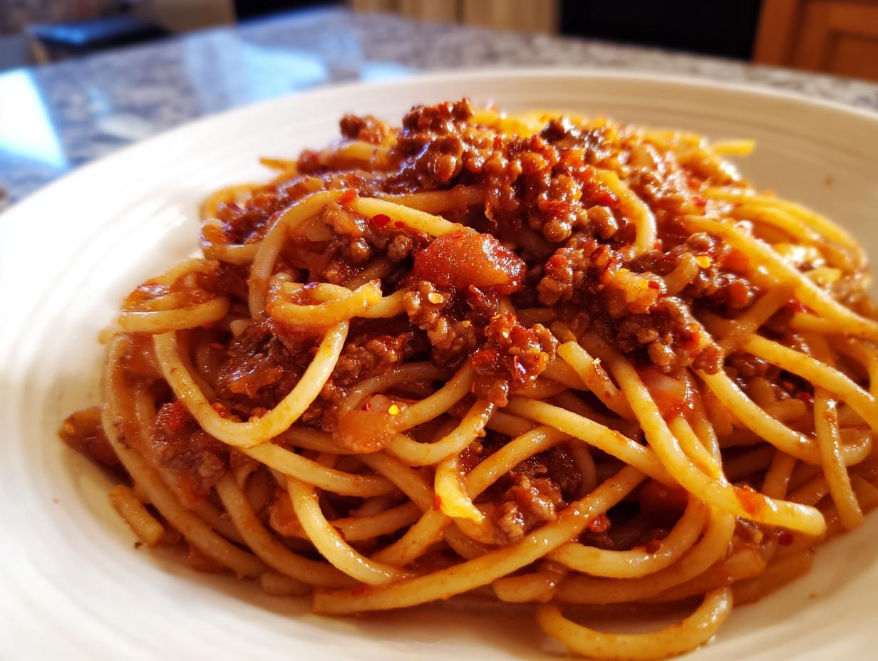 Close-up of spaghetti pasta with rich meat sauce on white plate for pasta dinner ideas