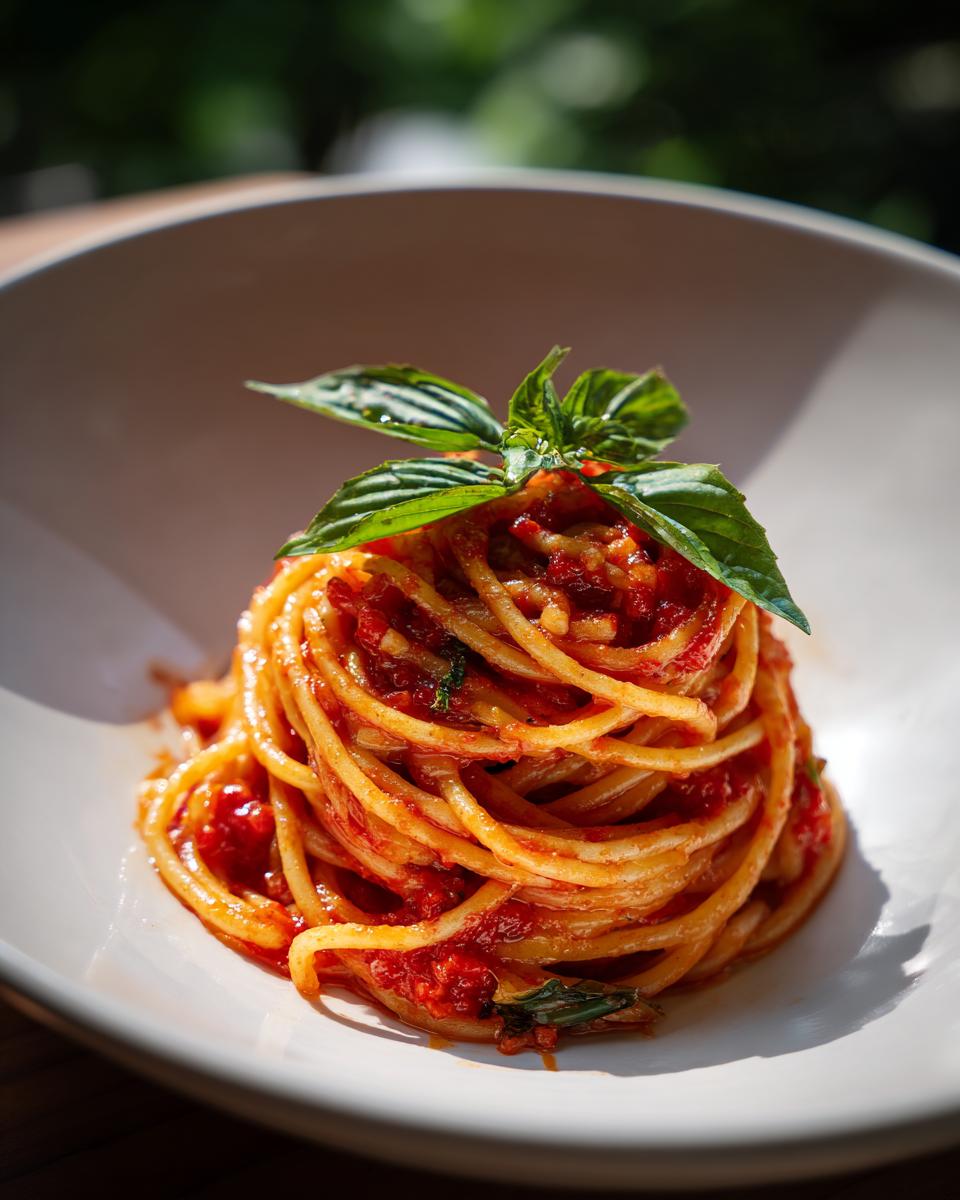 Plate of spaghetti pasta with rich tomato sauce garnished with fresh basil leaves