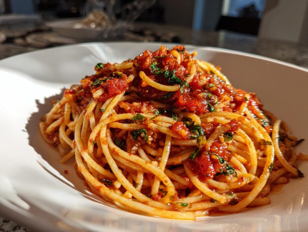 A close-up of a bowl of spaghetti pasta dinner with a rich tomato sauce and fresh herbs.