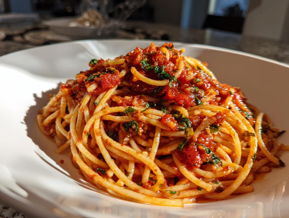A close-up of a bowl of spaghetti pasta dinner with a rich tomato sauce and fresh herbs.