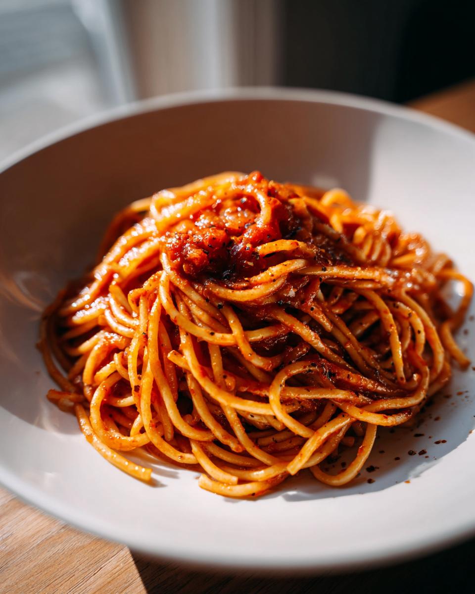 Plate of spaghetti pasta with rich tomato sauce and black pepper, a simple pasta dinner idea.