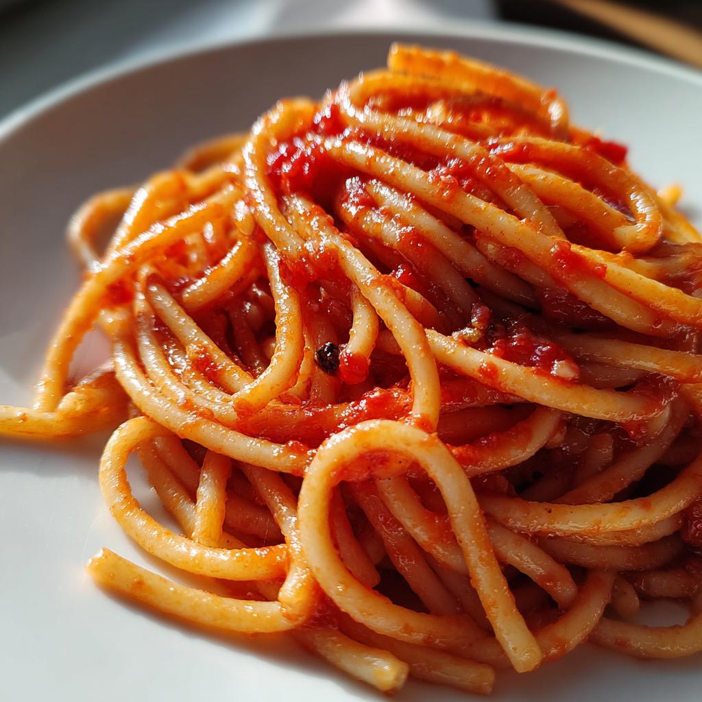 Close-up of spaghetti coated in rich tomato sauce on a white plate in pasta recipes.