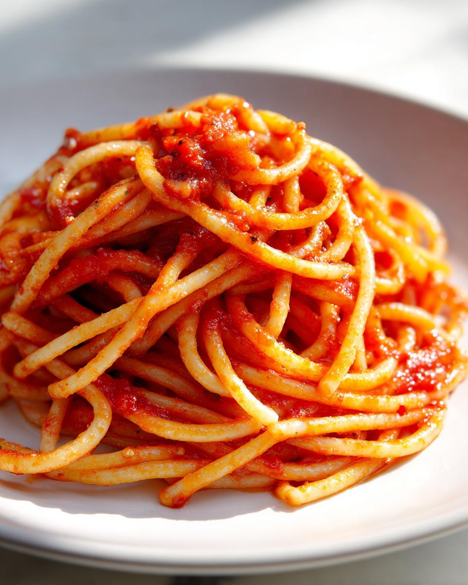 Plate of spaghetti pasta coated in rich tomato sauce, showcasing an easy pasta recipes dish