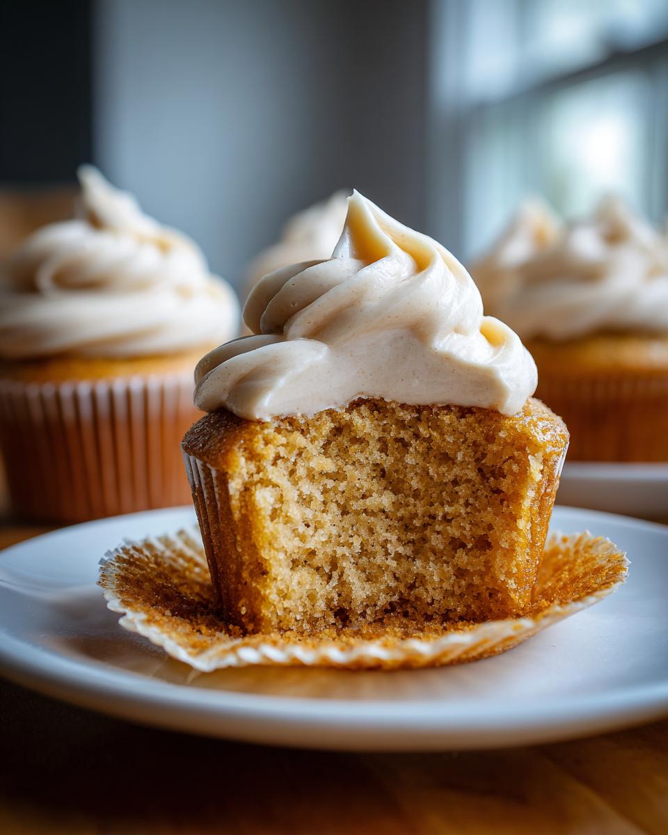 Close-up of a spiced cupcake with creamy frosting, showing a bite taken out, highlighting the cake's texture. One of many cupcake ideas.
