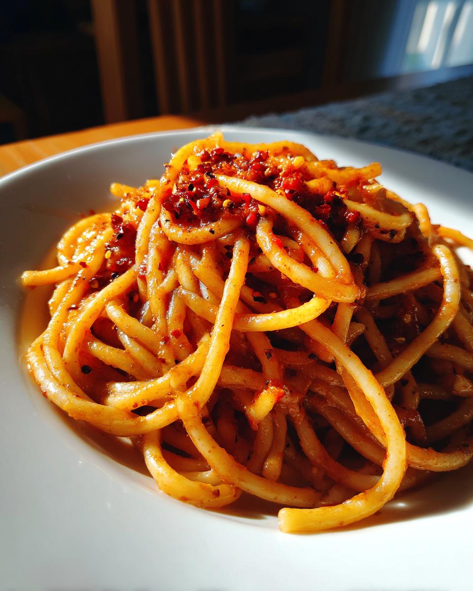 Plate of spicy pasta topped with red chili flakes for pasta dinner ideas