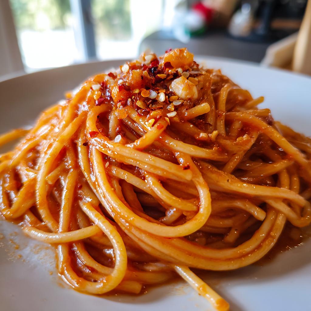 Close-up of spaghetti coated in spicy tomato sauce with chili flakes on top, pasta dinner ideas