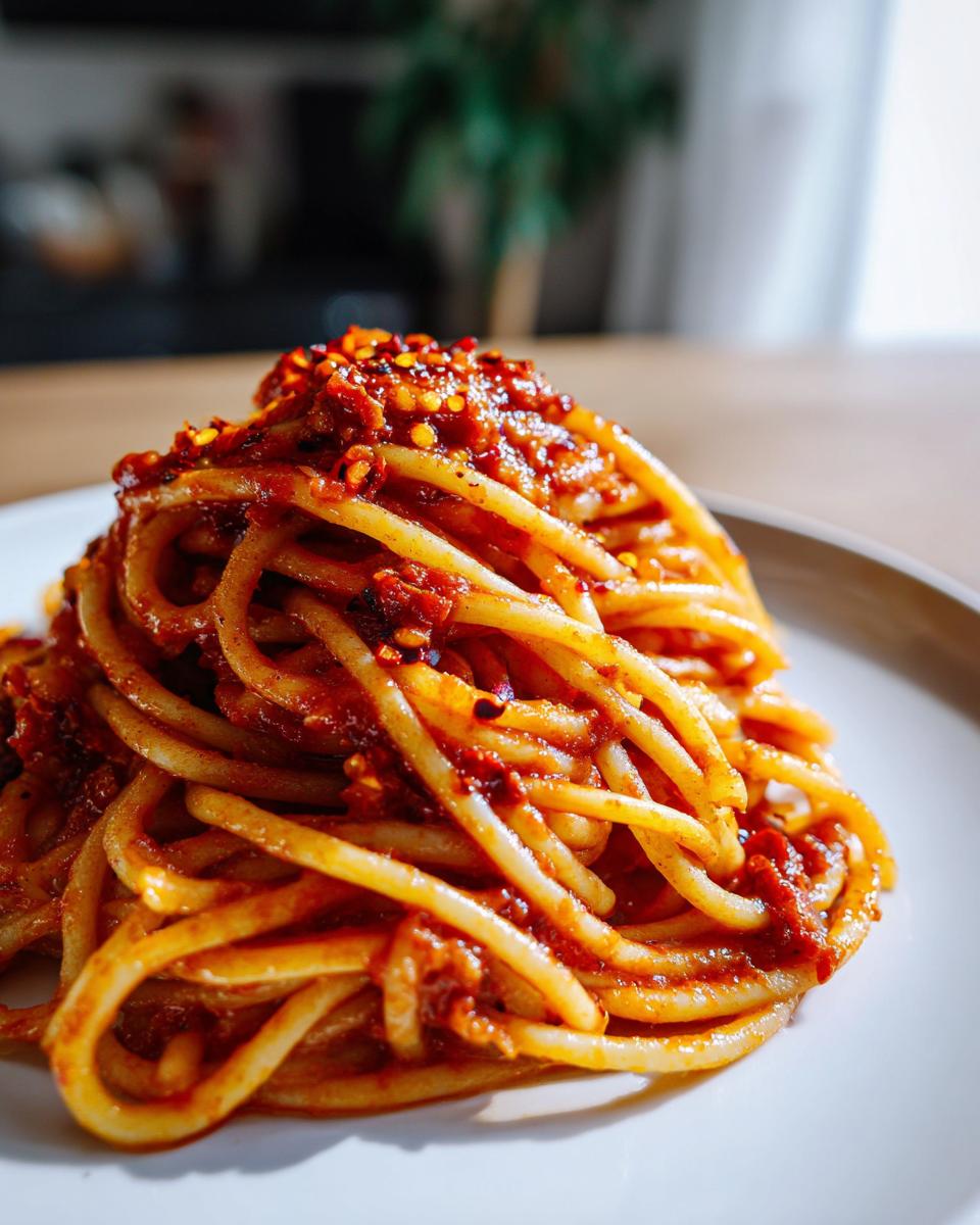 Close-up of spaghetti pasta tossed in a spicy tomato sauce with chili flakes on a white plate.