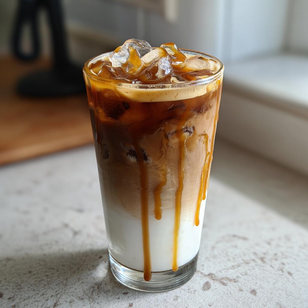 A tall glass of iced coffee with milk, caramel drizzle, and ice, resembling Starbucks drinks.