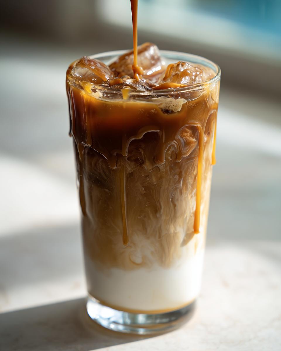 Close-up of an iced caramel macchiato, a popular Starbucks drink, with caramel drizzle.