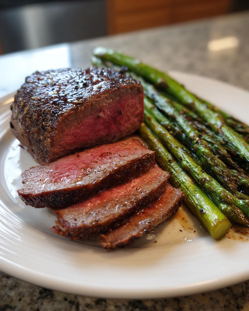 A beautifully seared steak, sliced to reveal a medium-rare interior, served with roasted asparagus. A great option for new years eve dinner ideas.