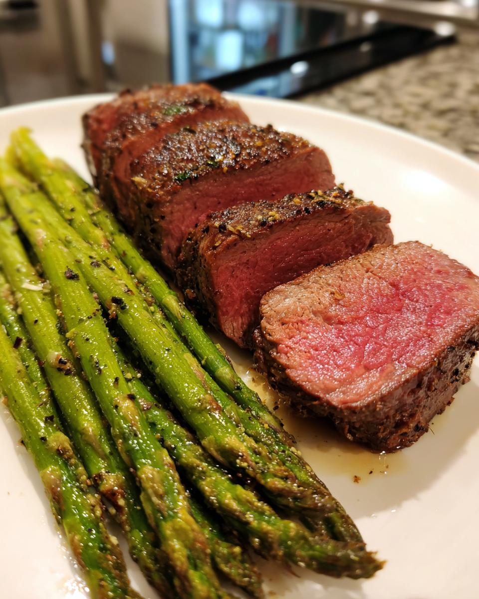 Close-up of sliced medium-rare steak served with seasoned asparagus, perfect for New Years Eve dinner ideas.