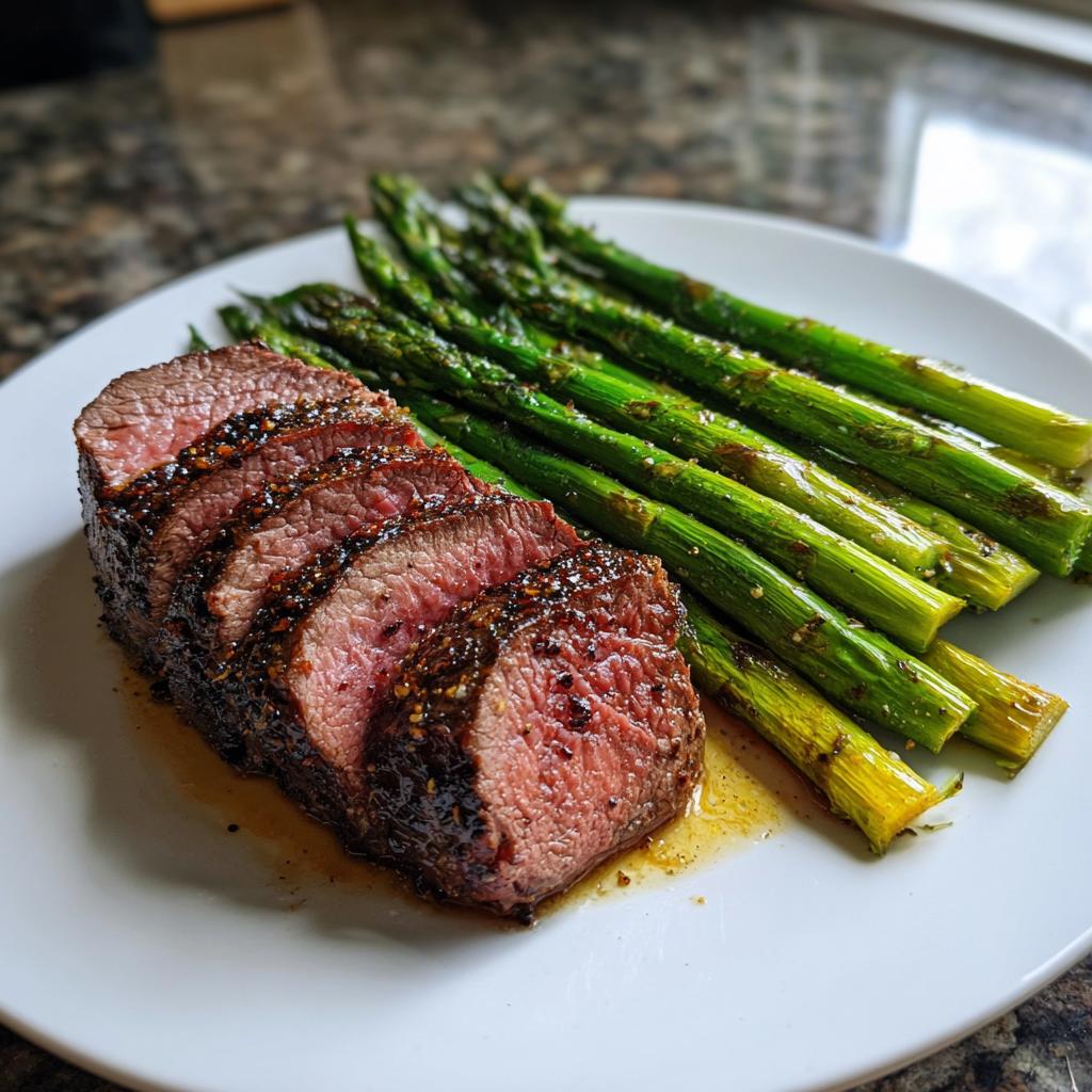A perfectly cooked sliced steak served with roasted asparagus, ideal for New Years Eve dinner ideas.