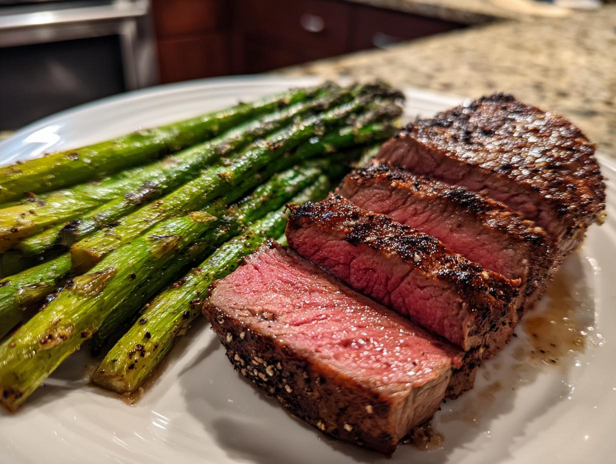 Close-up of sliced steak with grilled asparagus, perfect for new years eve dinner ideas.