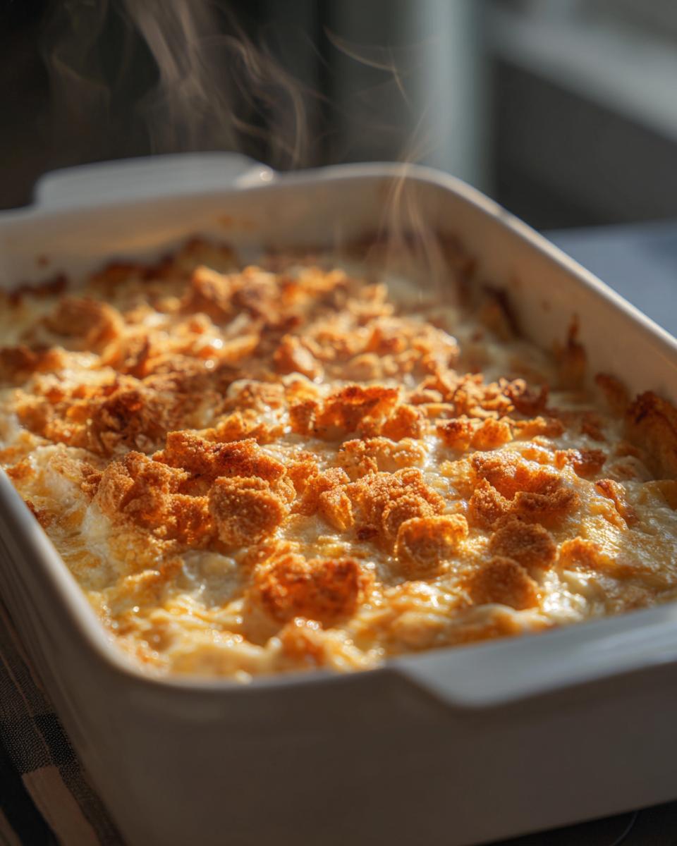A hot, steaming chicken casserole topped with a golden crunchy crust in a white baking dish.