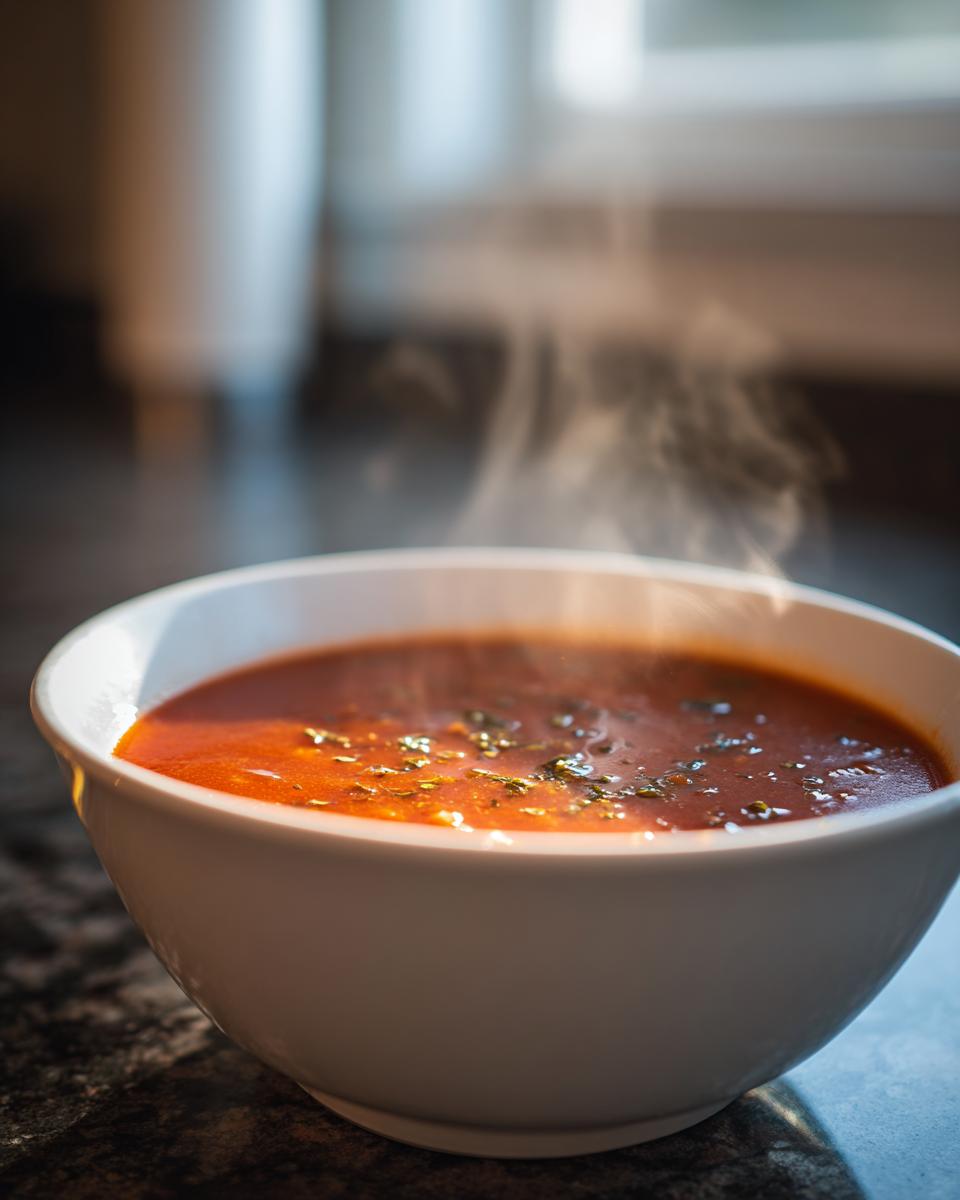 Steaming bowl of tomato soup garnished with herbs on a dark kitchen countertop.