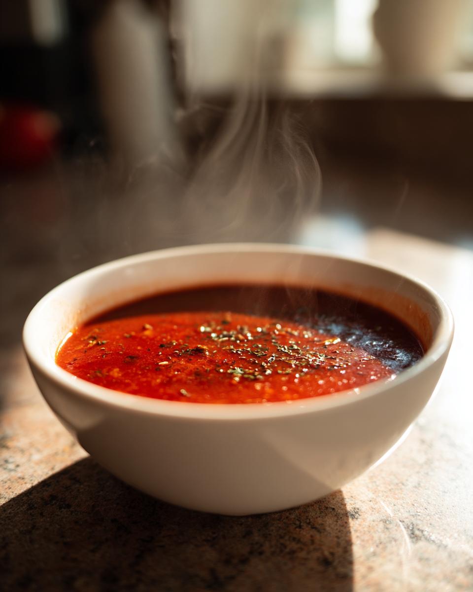 Steaming bowl of tomato soup topped with herbs in a white bowl on a countertop.