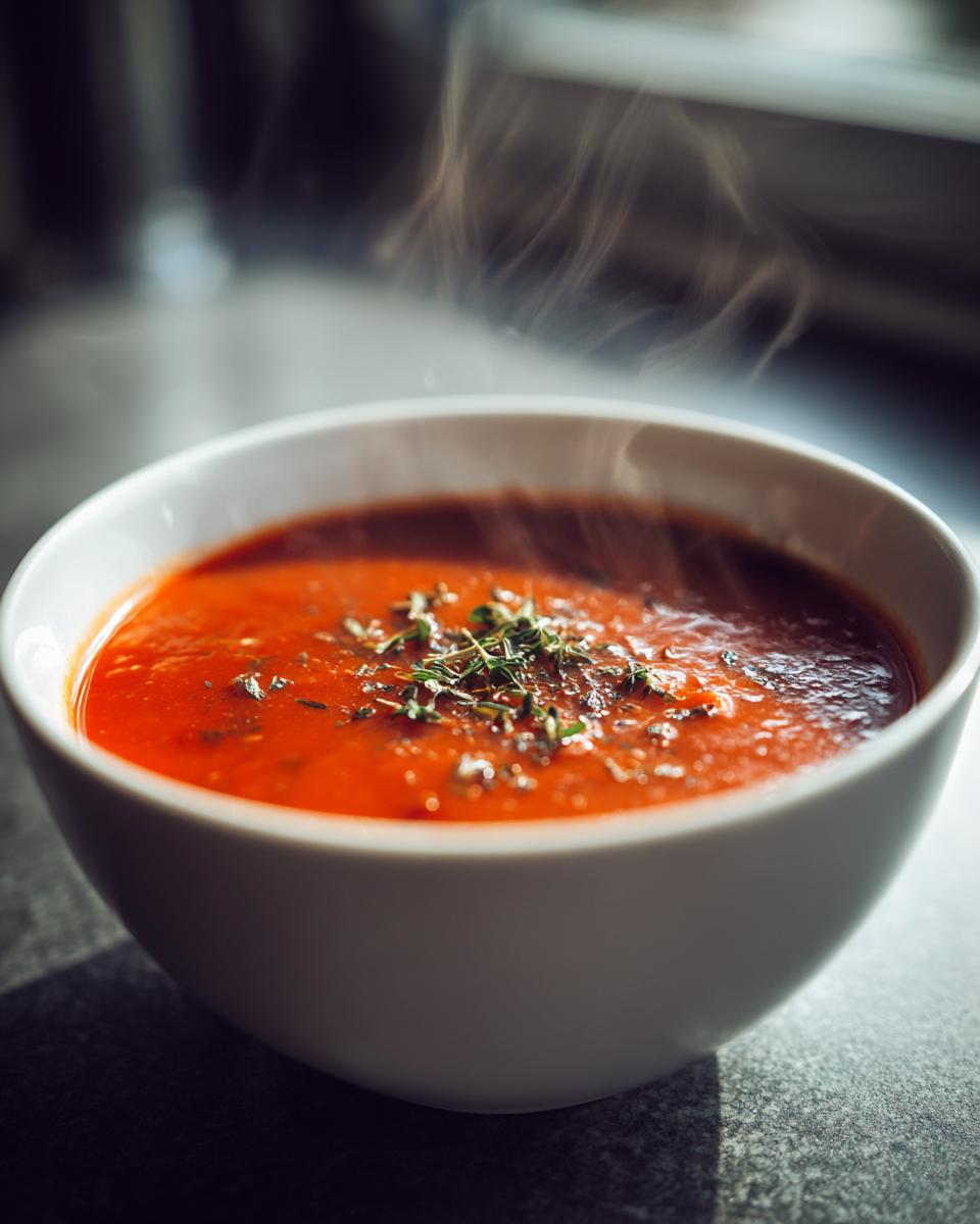 Steaming hot tomato soup in a white bowl garnished with fresh herbs on top