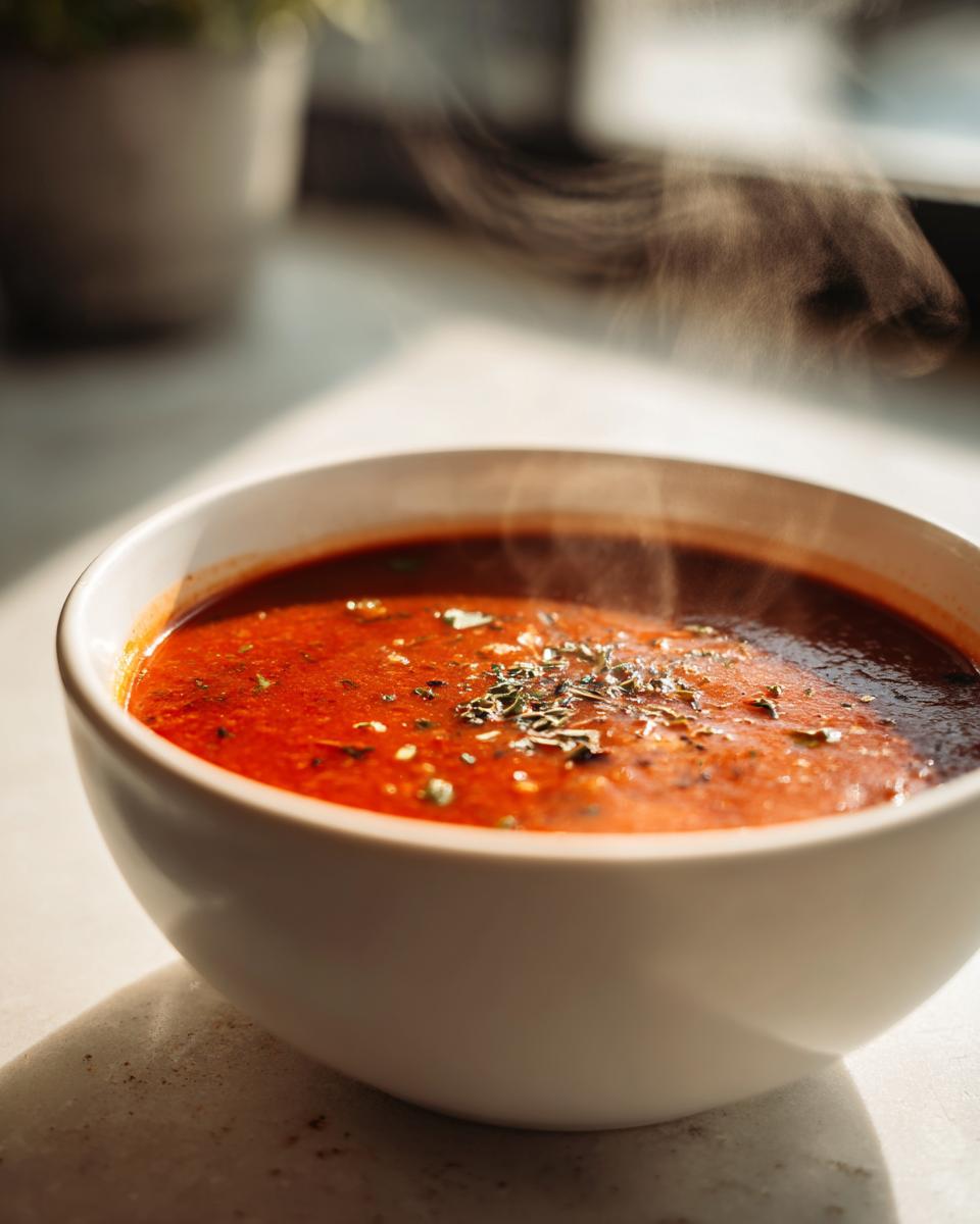 A steaming bowl of rich tomato soup garnished with herbs on a light surface for soup recipes