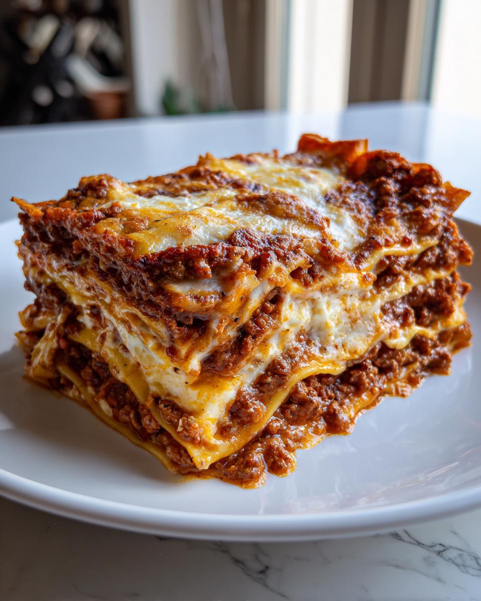 Close-up of a three-layer lasagna slice with rich meat sauce and melted cheese on a white plate.