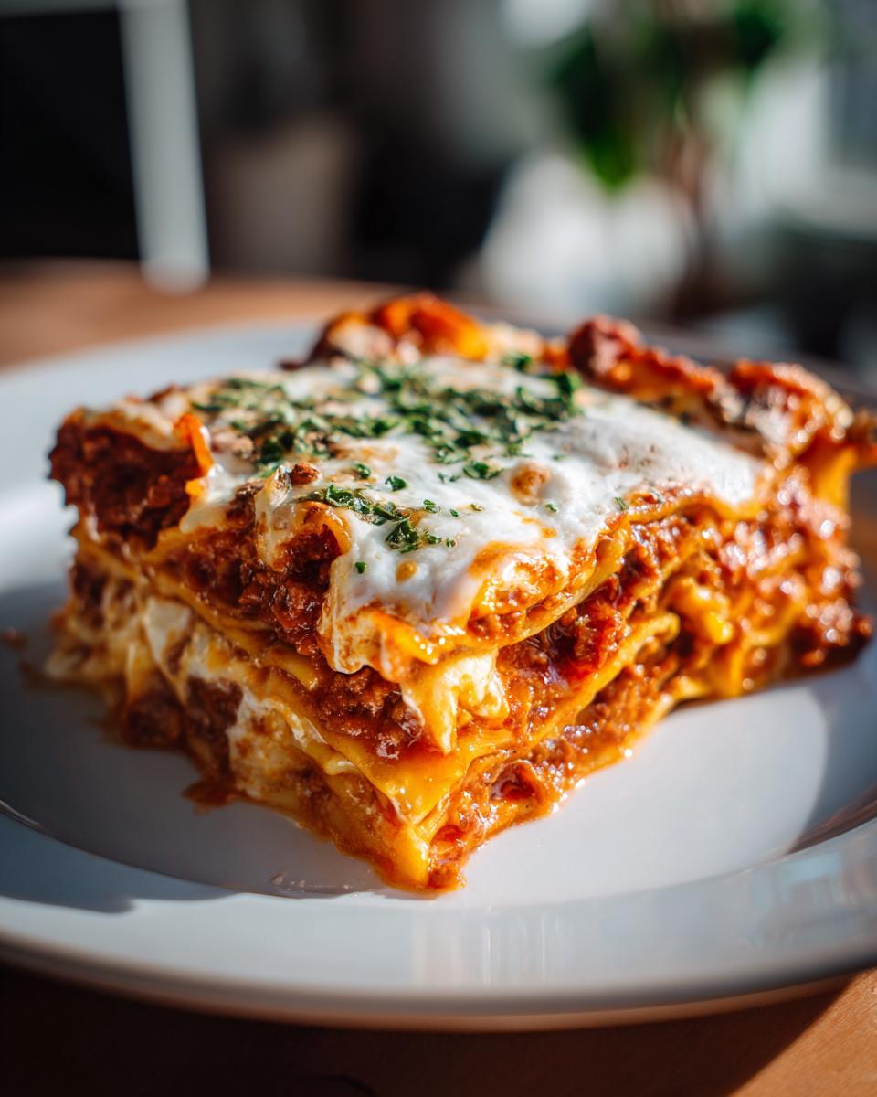 Close-up of a slice of three-layer lasagna with meat sauce, melted cheese, and herbs on top.