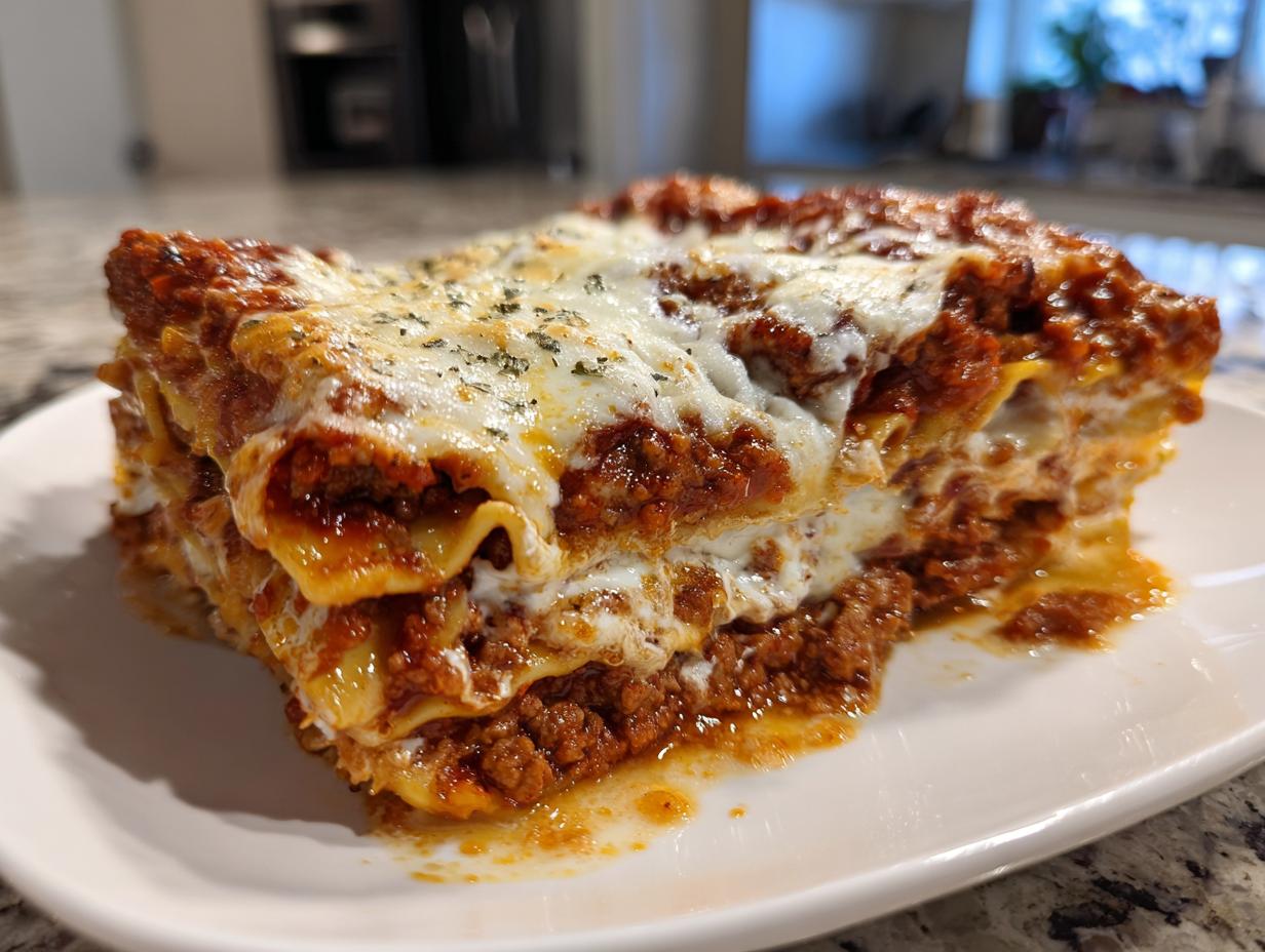 Close-up of a three-layer lasagna slice with meat sauce and melted cheese on a white plate.