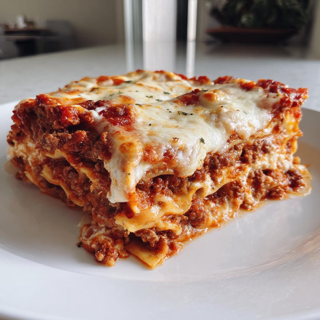Close-up of a slice of 3-layer meat lasagna with melted cheese on white plate.