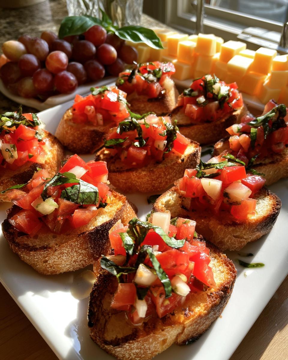 Close-up of fresh tomato bruschetta, a perfect new years appetizer, on a white plate with grapes and cheese in the background.